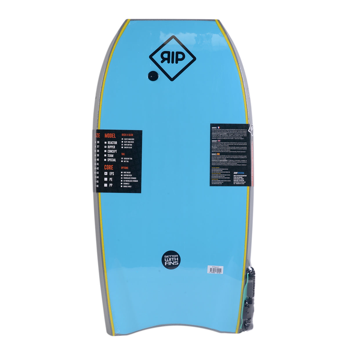 Bodyboard RIP - Ripper Stringer con leash (EPS) - Gris / Azul