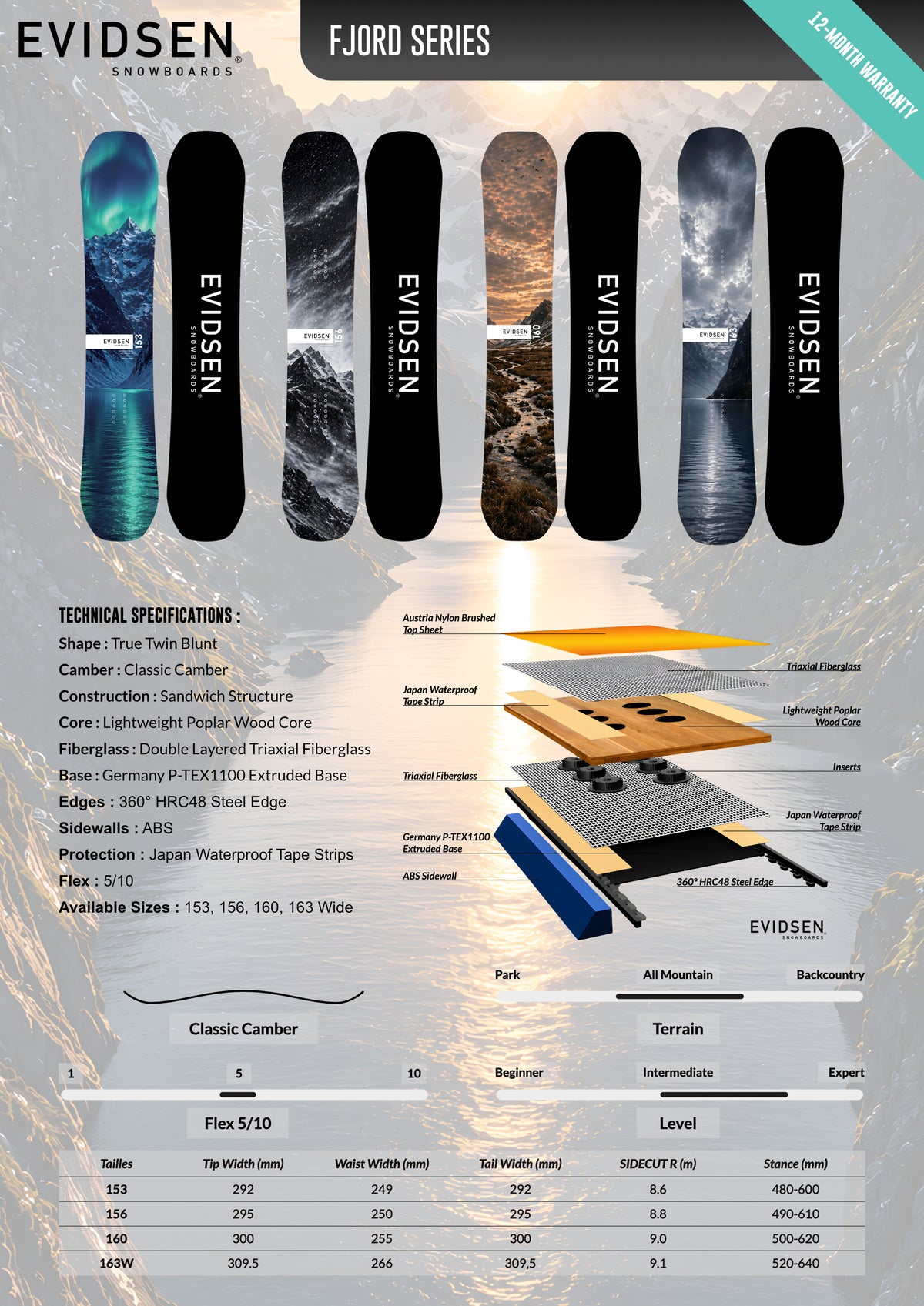 EVIDSEN SNOWBOARDS - Planche de Snowboard FJORD SERIES - Boreal - 153