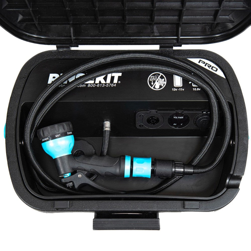 RINSEKIT PRO PACK - Ducha portátil independiente (con Batería) + Hot Rod Calefactor - Negro